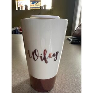 Wifey Ceramic Mug with Lid Rose Gold White New